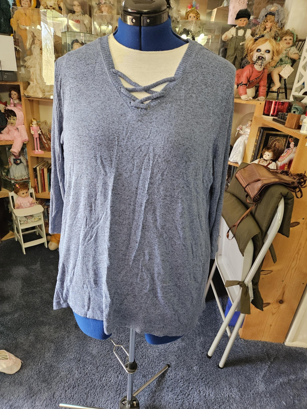 Lane Bryant Heathered Blue Crisscross V-Neck Long Sleeve Top